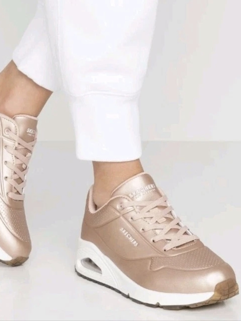NEW Skechers Uno Metallixs Rose Gold Sneakers Lace Up Memory Foam Women's Sz 10 - Picture 1 of 14